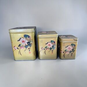 Vintage Chinoiserie Gold Nesting Tea Tins Set of 3 Floral Bird Asian Canisters